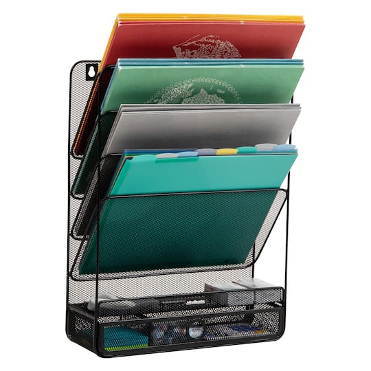 Mind Reader 4-Tier Vertical File Storage, Desktop Organizer, Wall Mount, Office, Metal Mesh, Black